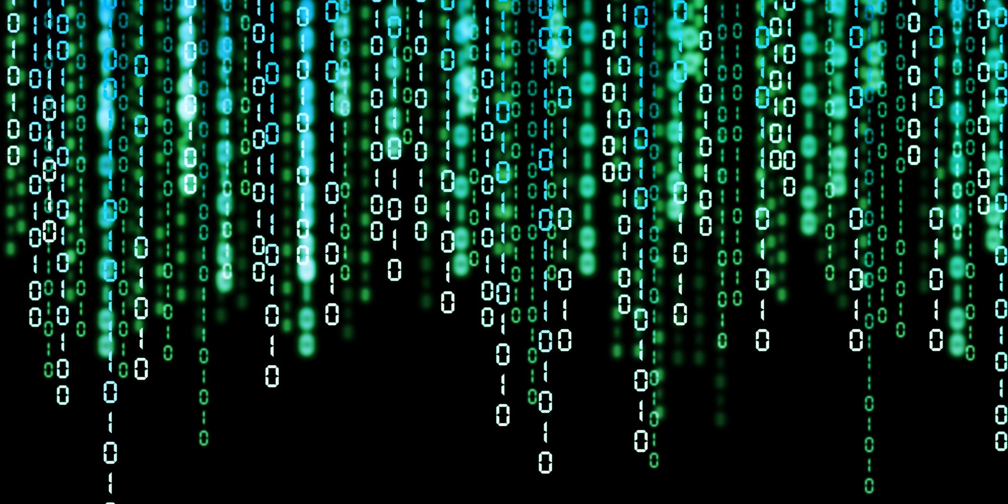 Strings of green and blue binary code cascade down a black background.