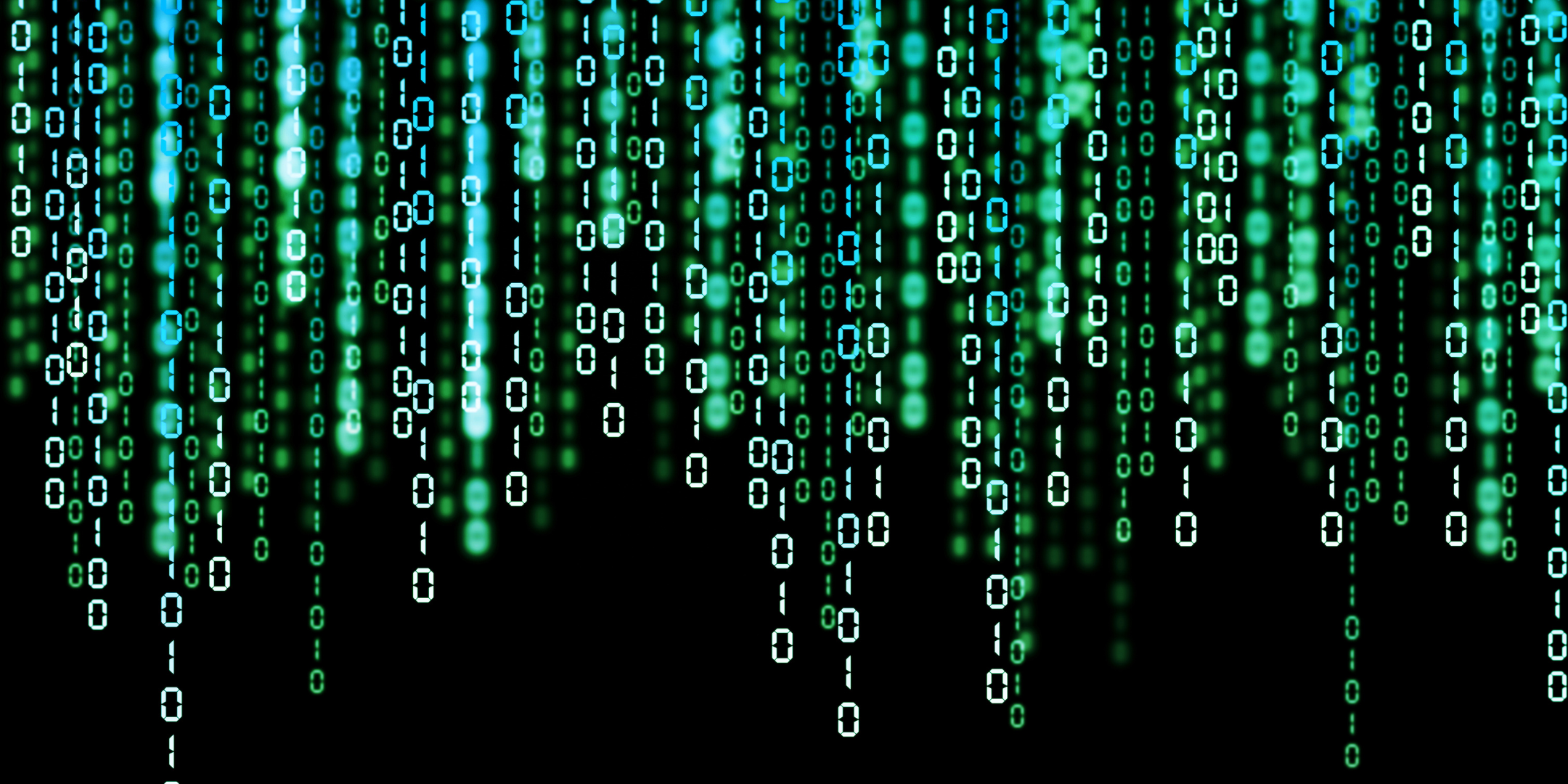Strings of green and blue binary code cascade down a black background.